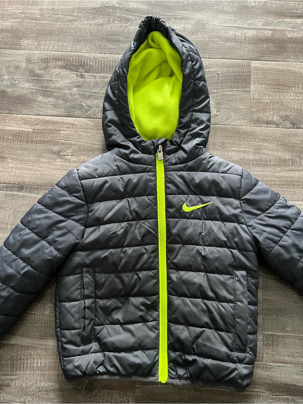 Nike Kids Hooded Puffer Jacket in Charcoal Gray with Neon Yellow Accents